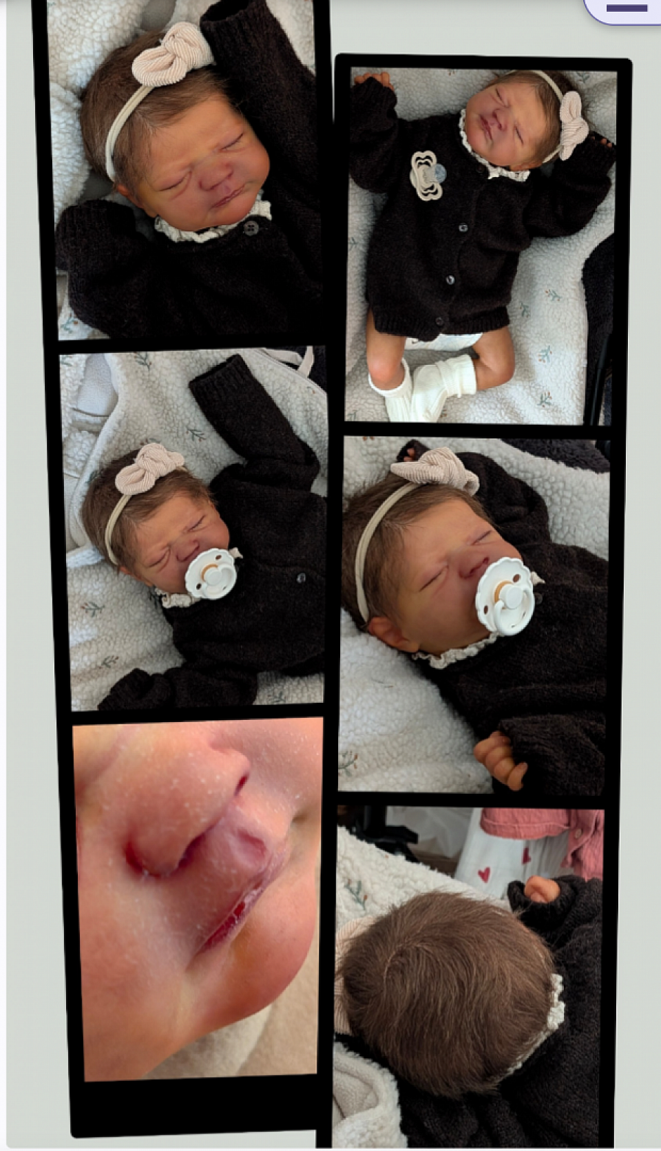 Bébé reborn du kit Jezebel de Sheila Mrofka authentique sa vec certificat d'authenticité.  Elle pèse 1kg860 pour environ 45 cm . Métisse avec un effet de peau poussé,pour plus de réalisme. Rooting de couleur marron  Cils implantés  Tétine aimantée  Membres entiers   Elle partira en version fille avec un trousseau de mon choix ,qui inclus pas le pull des photos .   Ce n'est pas un silicone ! N'hésitez pas pour plus de renseignements.  Elle au prix de 495€ HFDP (ADOPTÉE)🌷