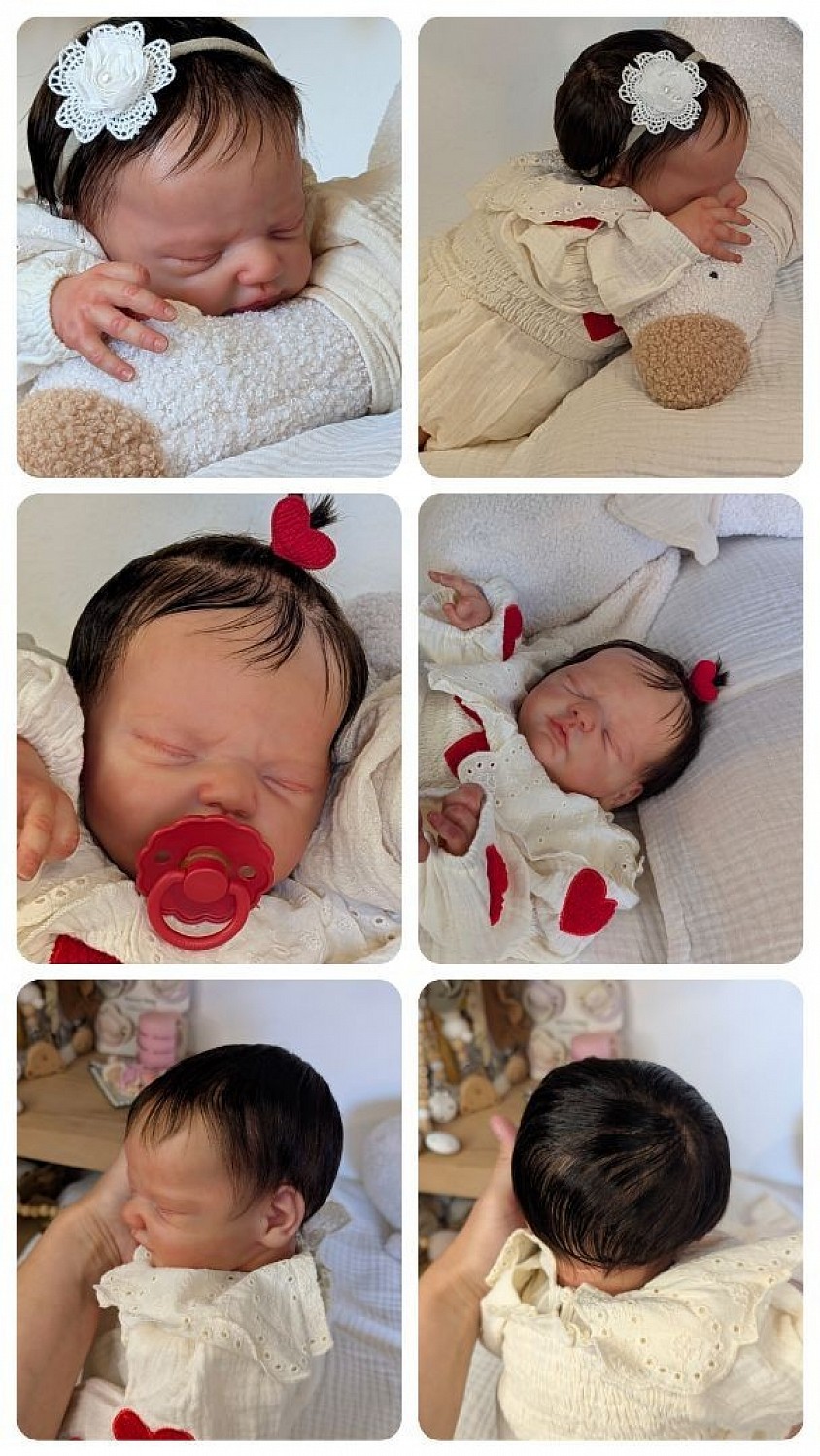 Voici une poupée reborn . Elle est issus du kit Paulin de Elisa Marx,avec certificat d'authenticité.  Cette poupée a été faite entièrement à la main . Tous les détails sont présents comme :  Les marbrures ,marbrures,veines,rougeurs ....   Son corps est en tissus , lestée avec des microbilles de verres et de fibre de verre,ainsi qu'une plaquette odeur glissée à l'intérieur pour sentir bon le bébé.  Elle a les membres entiers et articulés . Sa tête pivote et est tombante .  Magnifique rooting ! Elle prends des tétines aimantées .  Elle pèse 2kg420 pour 51 cm . Elle sera livrée avec son certificat d'authenticité ainsi que son bracelet de naissance .  Elle partira avec un joli trousseau fille ou garçon ,qui n'inclus pas la tenue des photos .  Le tout joliment protégé et enveloppé avec le plus grand soin.   N'hésitez pas pour plus de renseignements  Au plaisir 🌸Elle est au prix de 500€ HFDP Contact par mail
